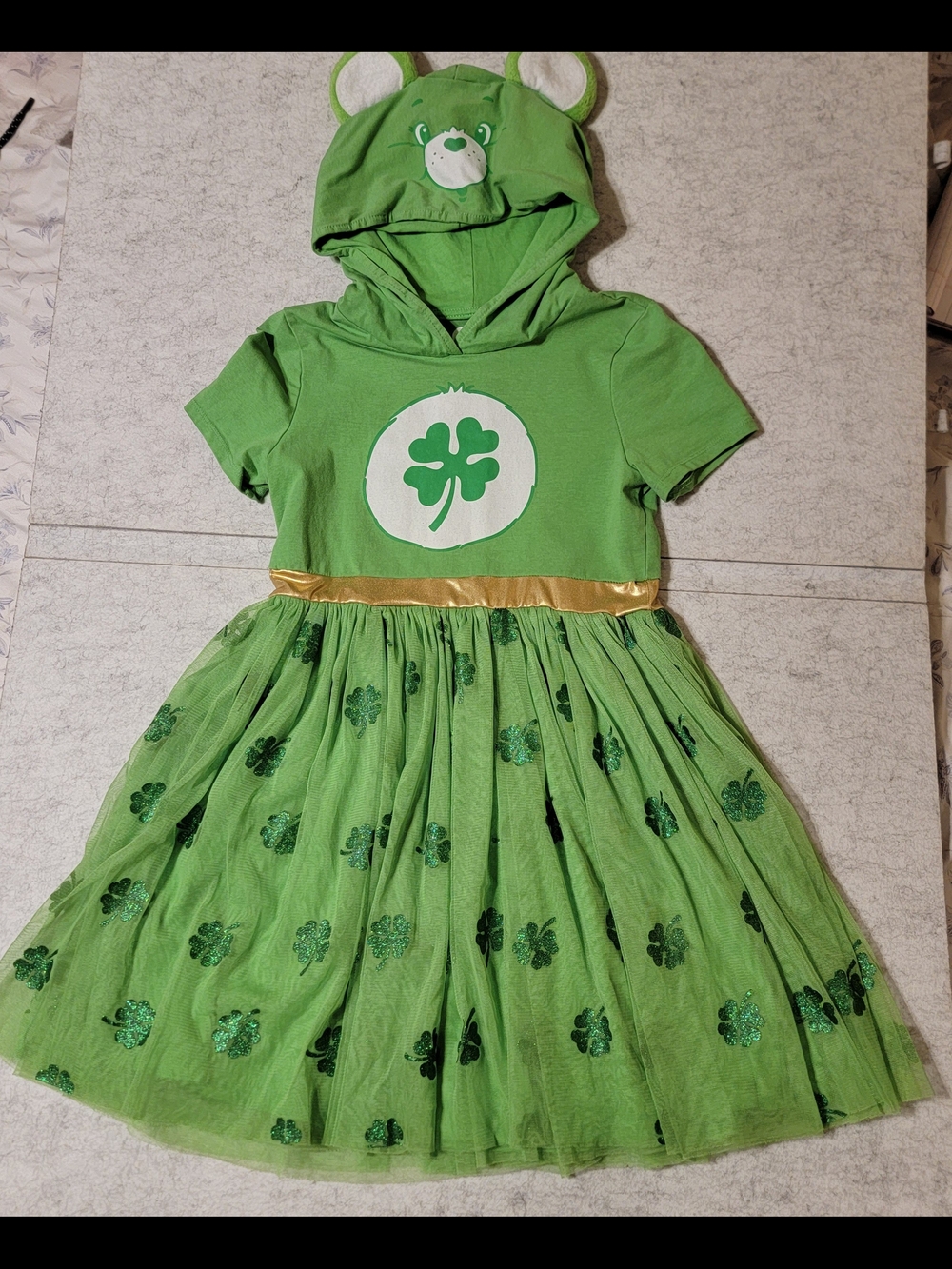 Care Bears Good Luck Bear Costume Dress Girls Large 10 12 Green Shamrock Tutu